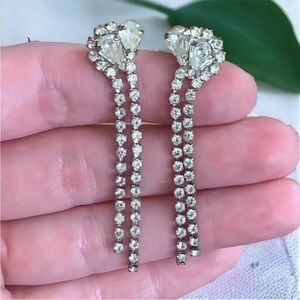 Vintage Silver Tone Metal Rhinestone Sparkling Stunning Dangle Pierced Earrings